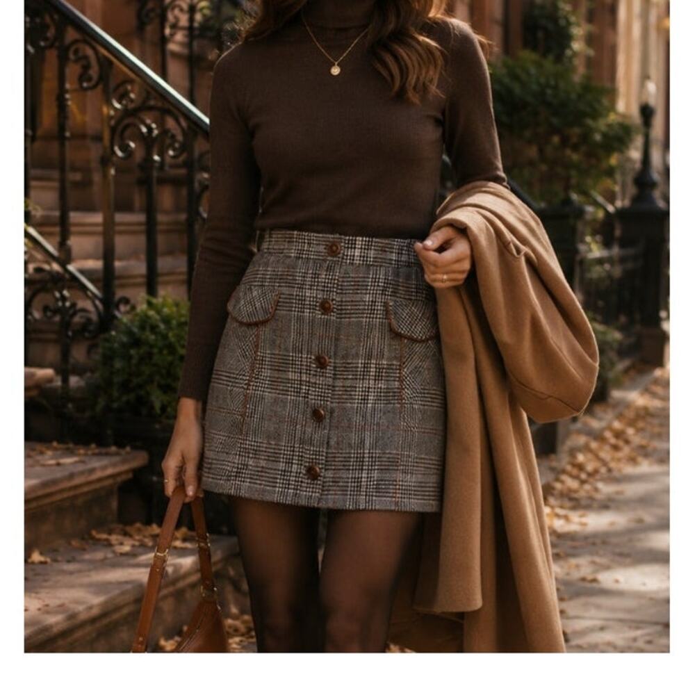 Bagatelle Plaid Mini Skirt Large Velvet Trim Button Front Heritage Preppy